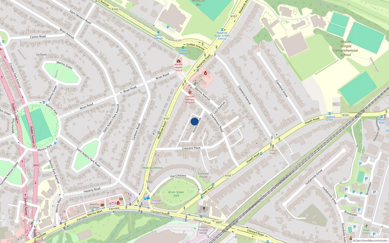 Overhead map showing the location of 3 Victoria Villas, Clontarf, Dublin 3