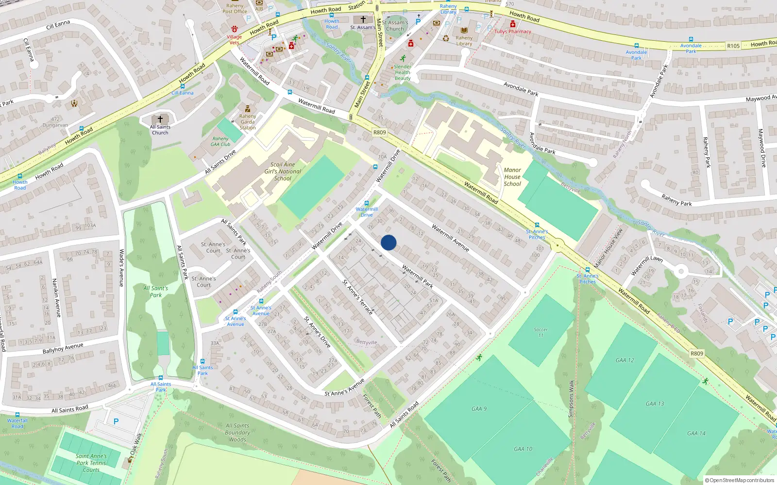 Overhead map showing the location of 3 Watermill Park, St Annes Raheny, Dublin 5