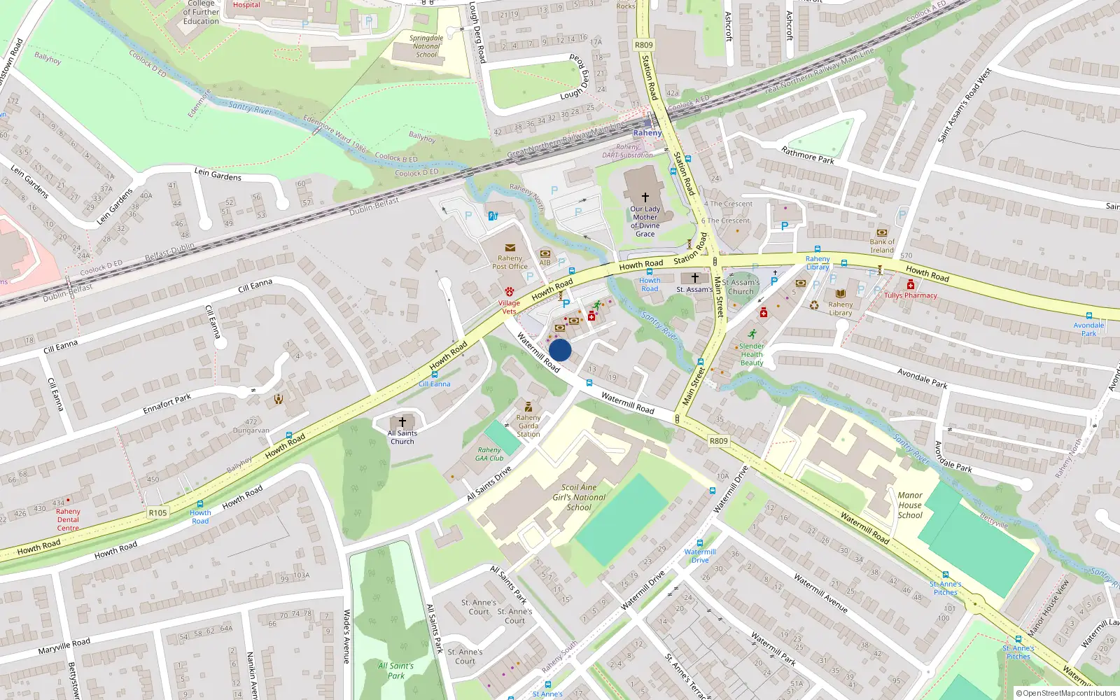Overhead map showing the location of 3 Watermill Road, Raheny, Dublin 5