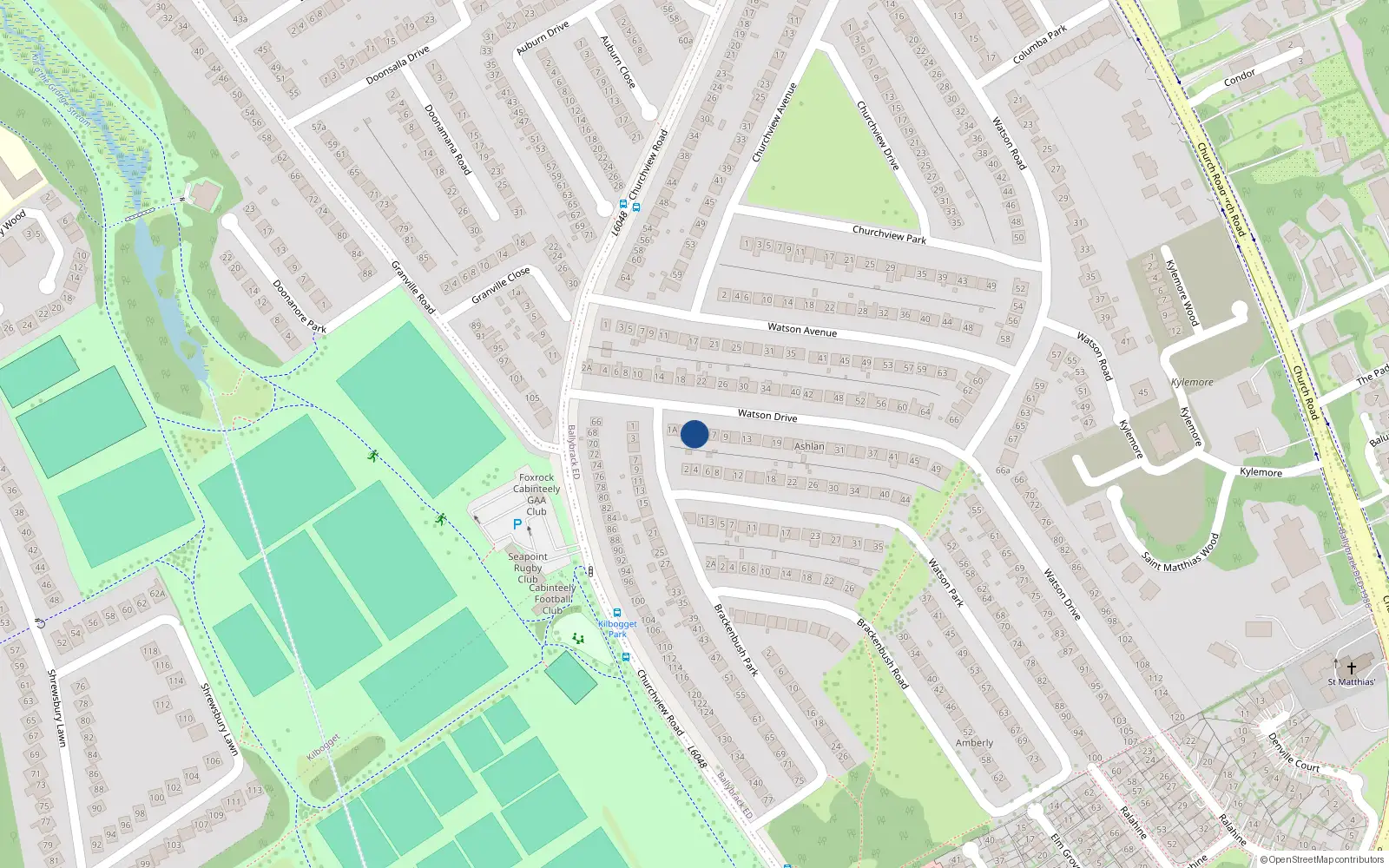 Overhead map showing the location of 3 Watson Drive, Killiney, Dublin