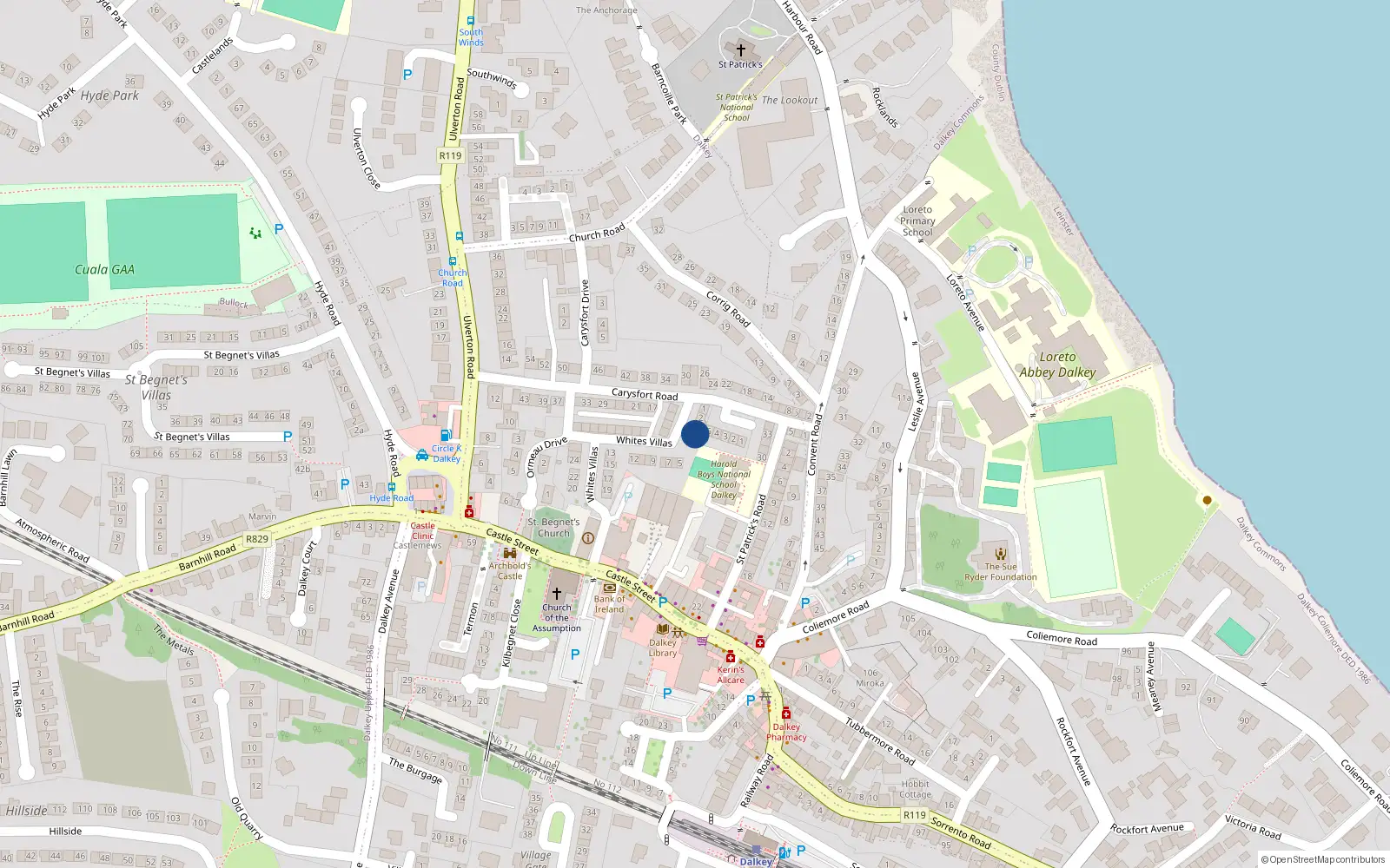 Overhead map showing the location of 3 White's Villas, Dalkey