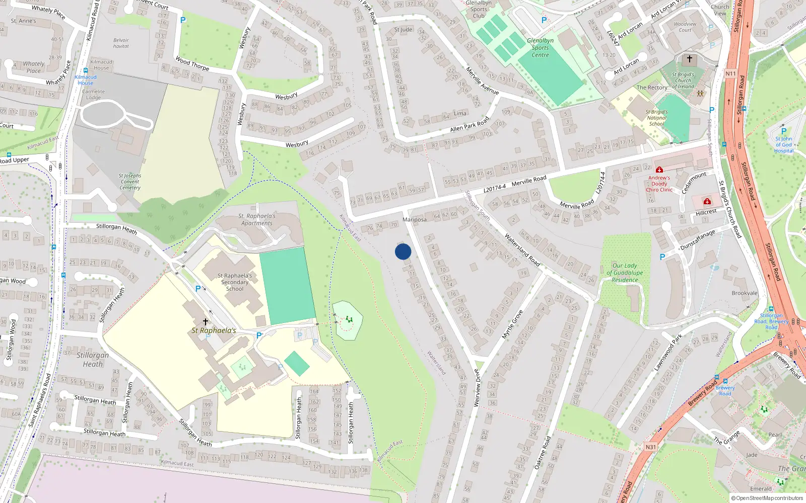 Overhead map showing the location of 3 Wierview Drive, Stillorgan, Co. Dublin