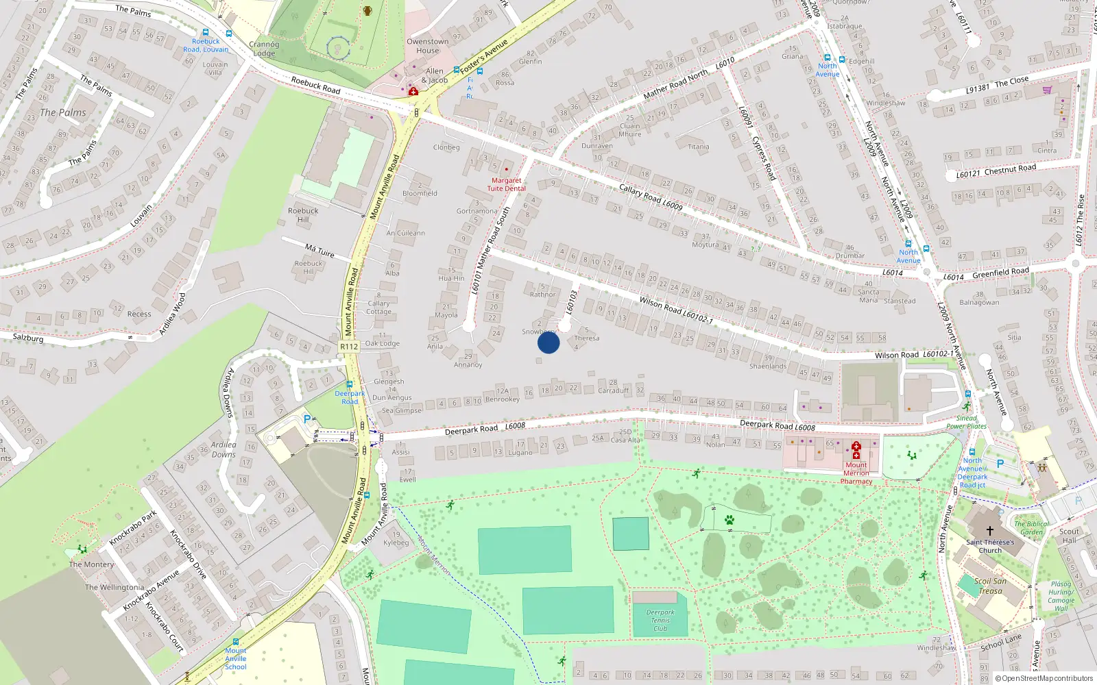 Overhead map showing the location of 3 Wilson Crescent, Mount Merrion, Dublin