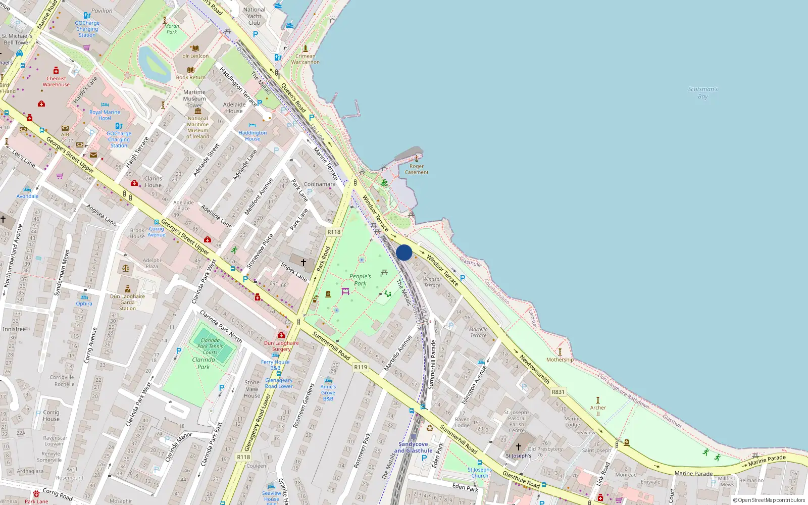 Overhead map showing the location of 3 Windsor Terrace, Dun Laoghaire, Dublin