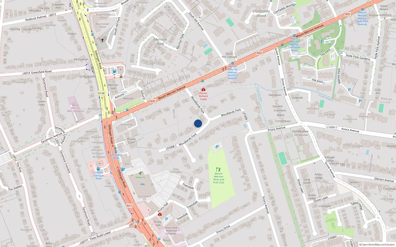 Overhead map showing the location of 3 Woodlands Park, Blackrock, Dublin
