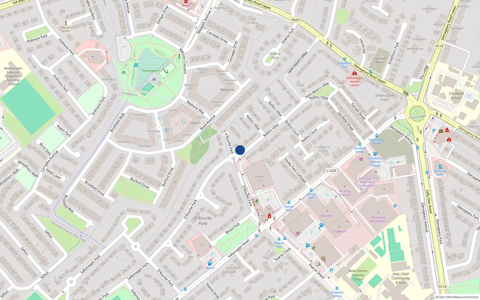 Overhead map showing the location of 3 Woodpark Villas, Sallynoggin, Dublin