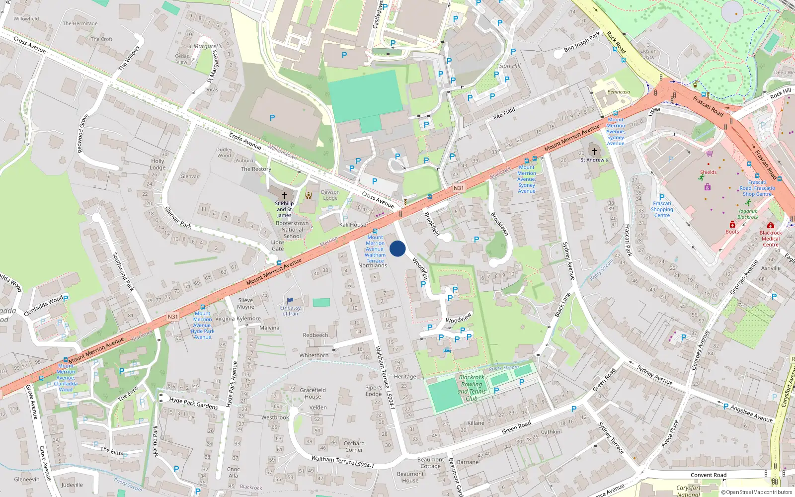 Overhead map showing the location of 3 Woodview, Mount Merrion Avenue, Blackrock
