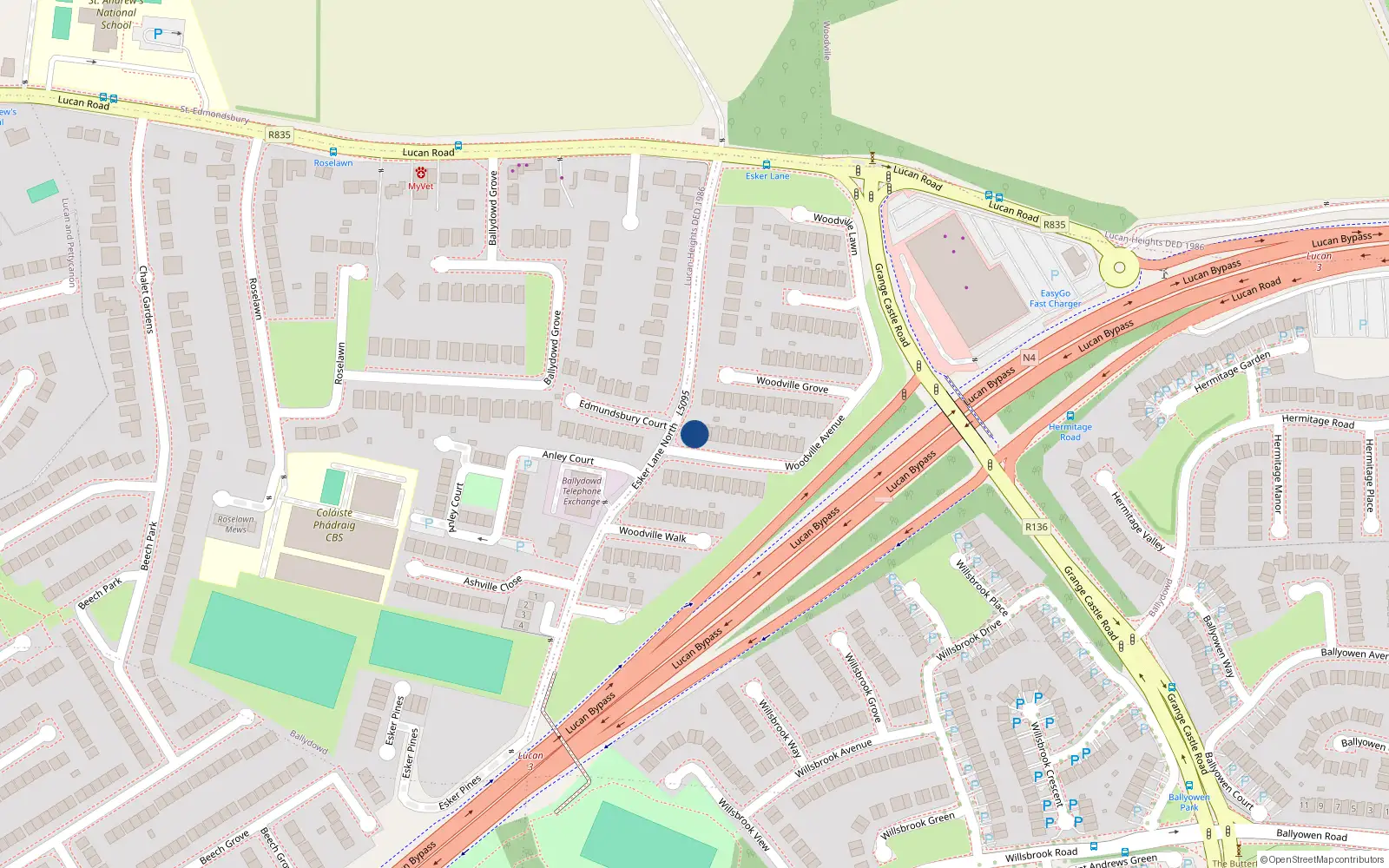Overhead map showing the location of 3 Woodville Avenue, Lucan, Dublin