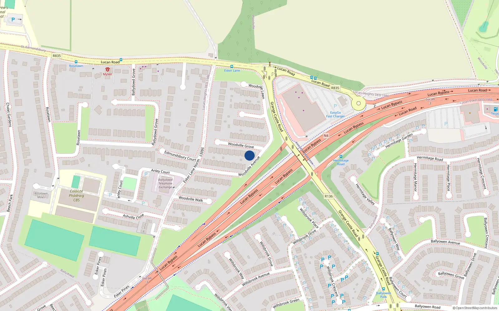 Overhead map showing the location of 3 Woodville Grove, Lucan, Dublin