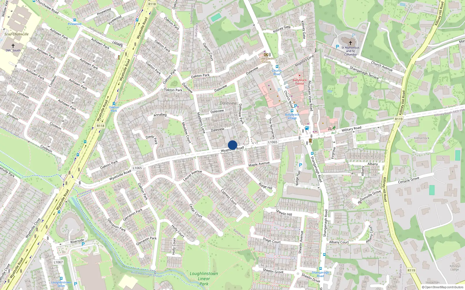 Overhead map showing the location of 3 Wyattville Road, Ballybrack, Co Dublin
