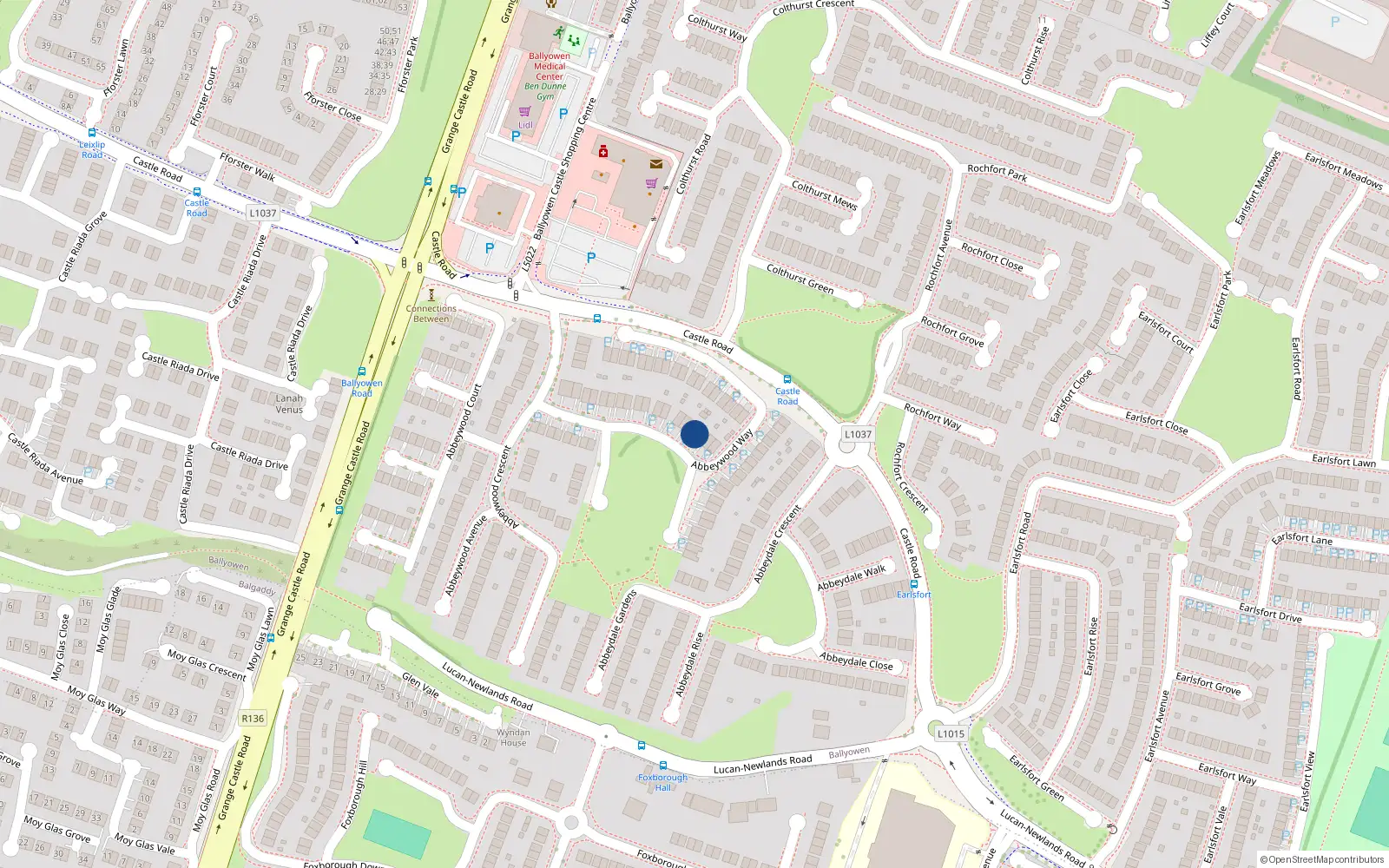 Overhead map showing the location of 30 Abbeywood Way, Lucan