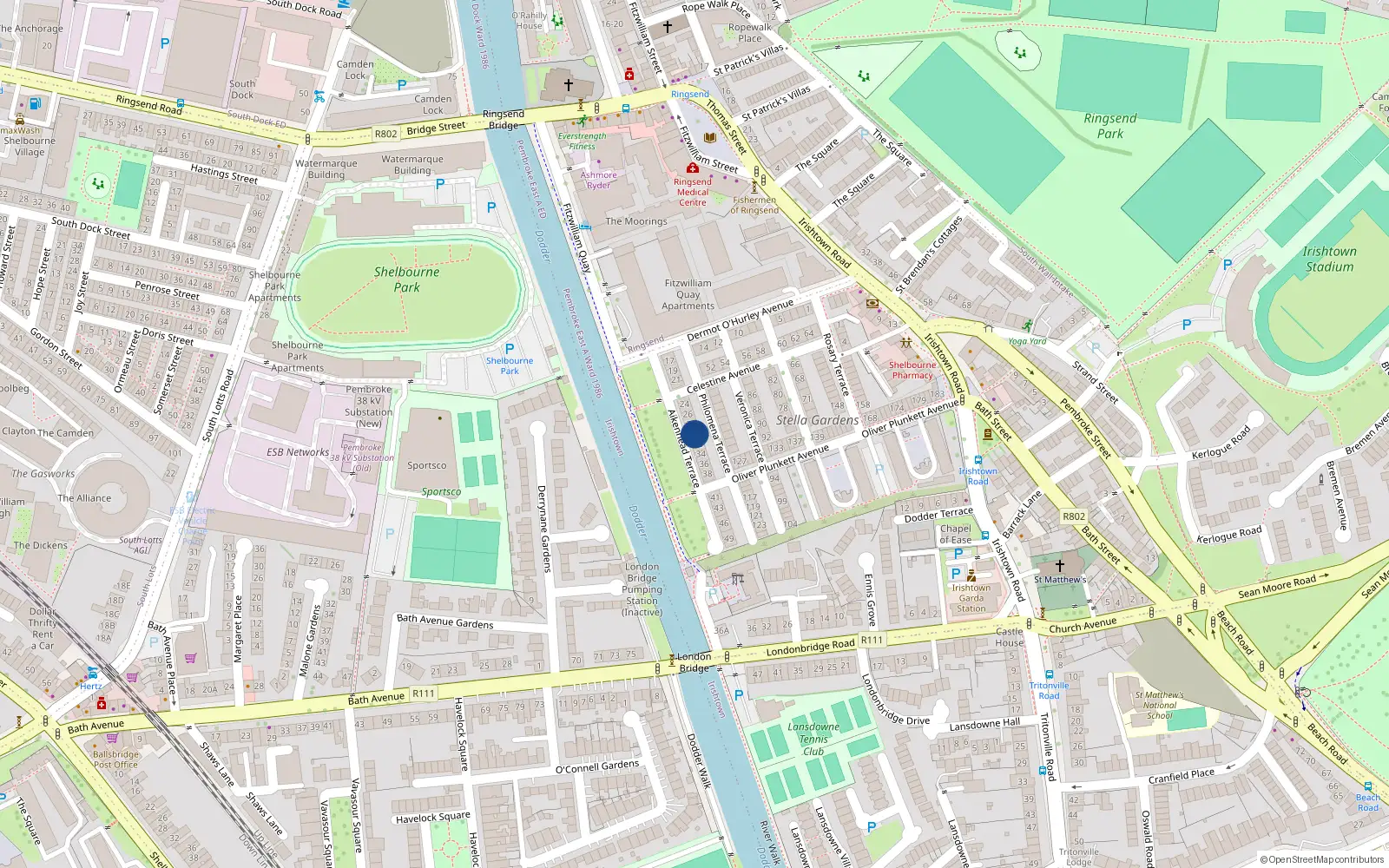 Overhead map showing the location of 30 Aikenhead Terrace, Irishtown