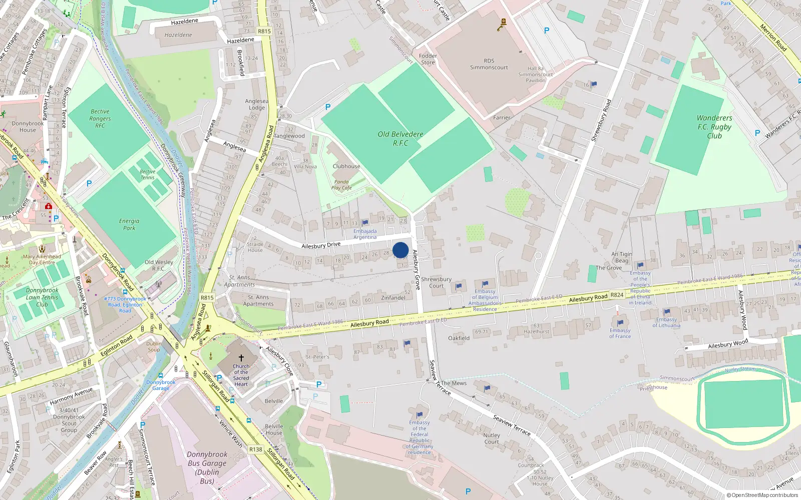 Overhead map showing the location of 30 Ailesbury Drive, Ballsbridge