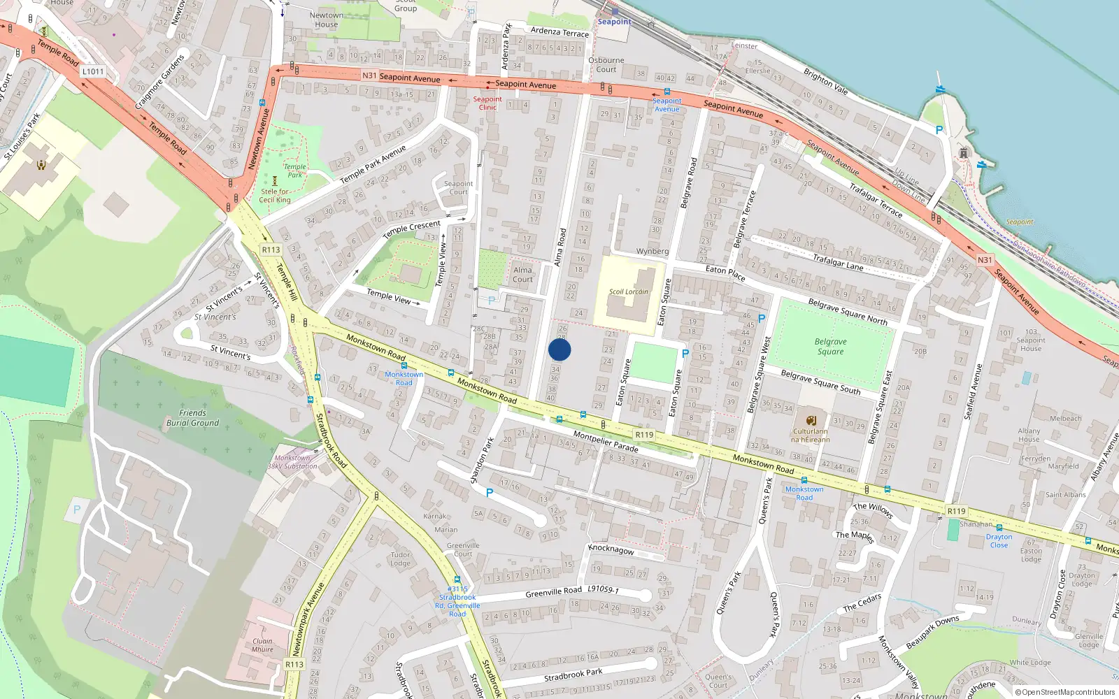 Overhead map showing the location of 30 Alma Road, Monkstown, Co Dublin
