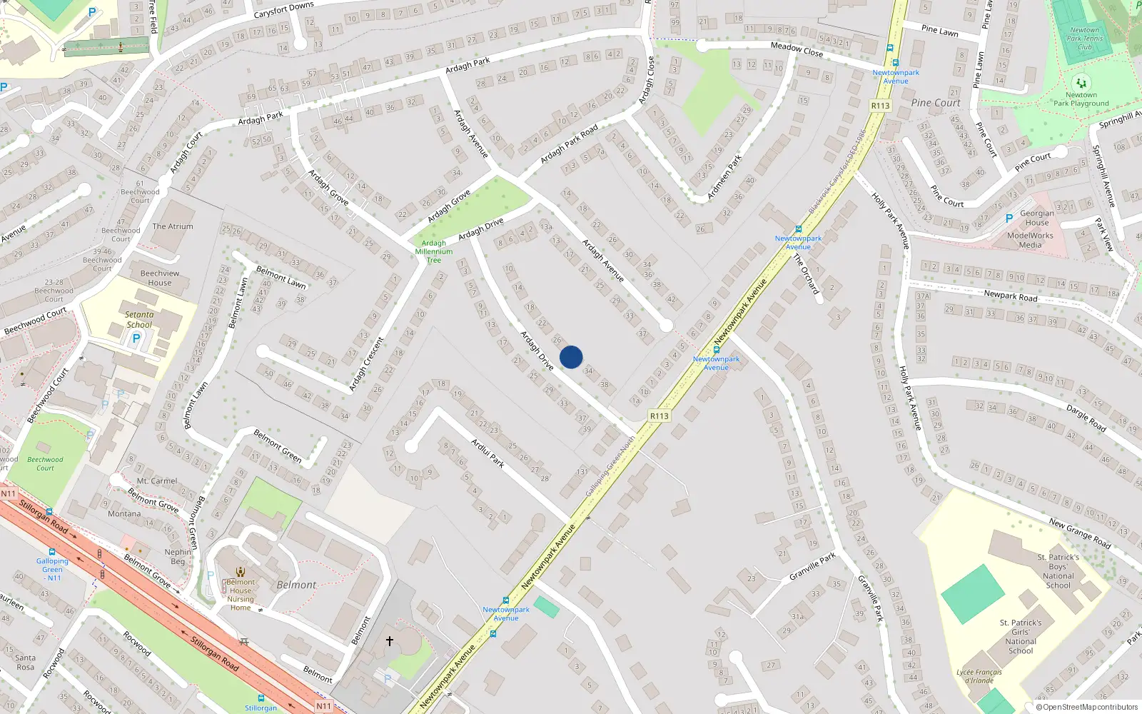 Overhead map showing the location of 30 Ardagh Drive, Blackrock, Dublin