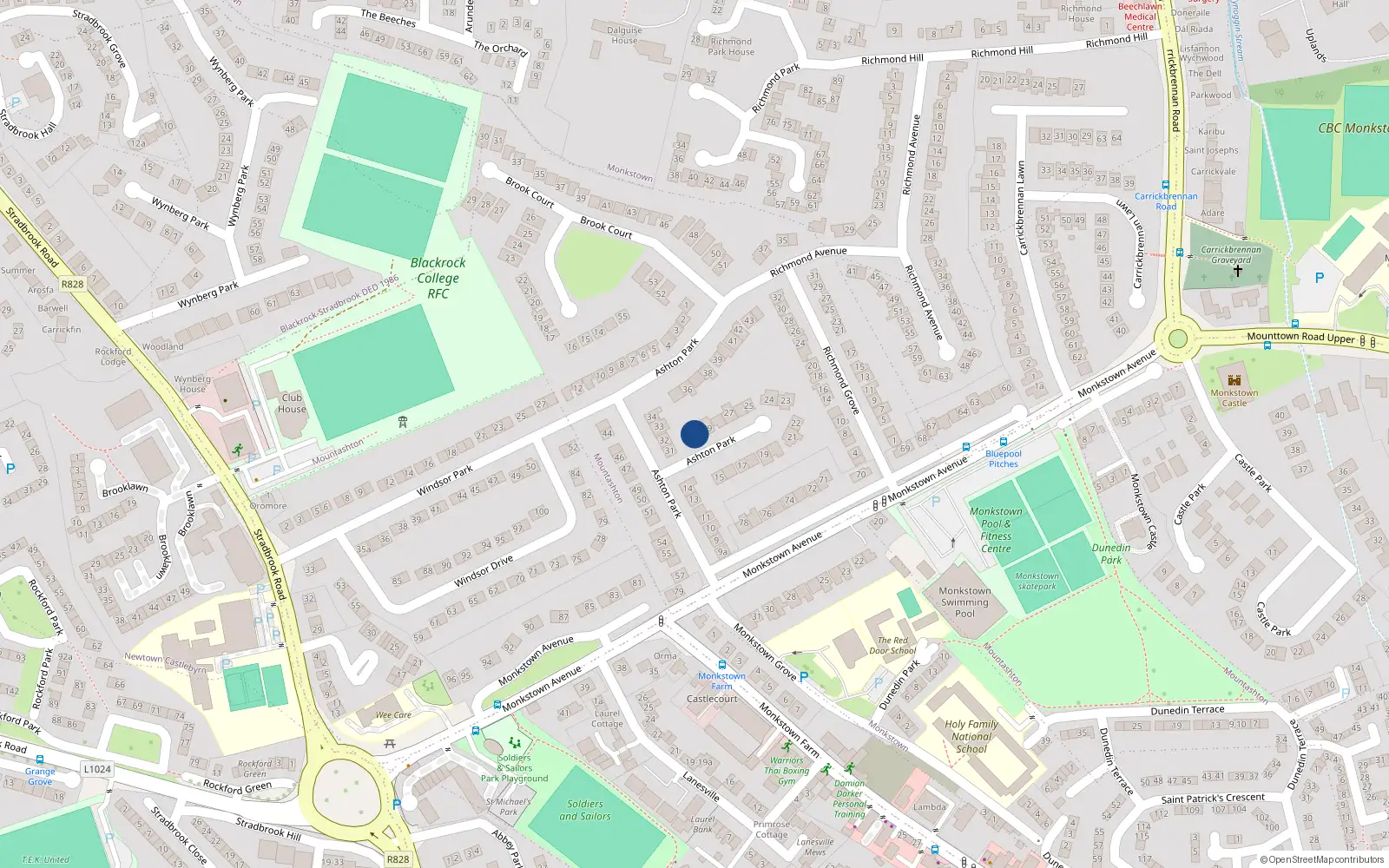 Overhead map showing the location of 30 Ashton Park, Monkstown, Dublin