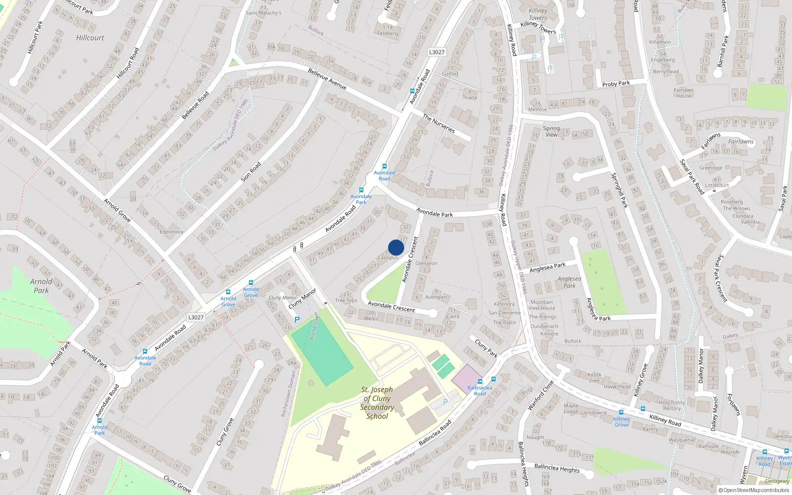 Overhead map showing the location of 30 Avondale Crescent, Killiney