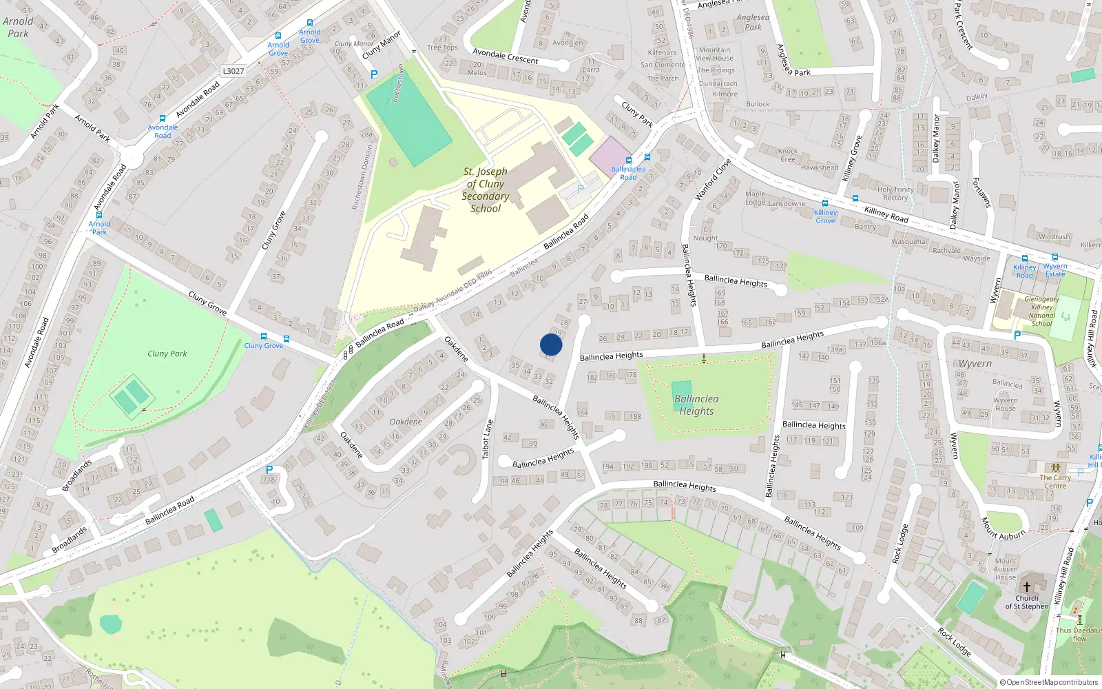Overhead map showing the location of 30 Ballinclea Heights, Killiney, Dublin