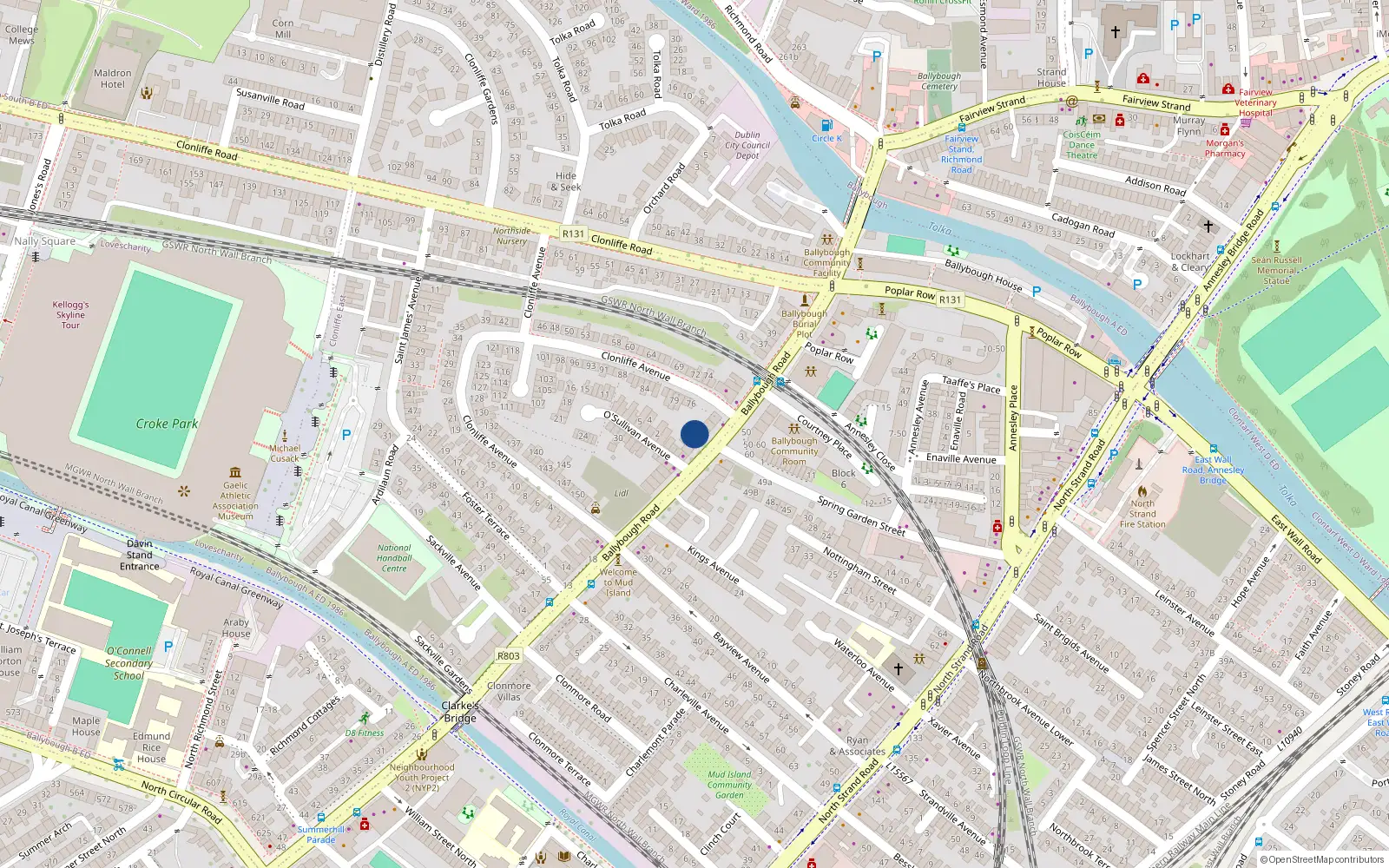 Overhead map showing the location of 30 Ballybough Road, Dublin 3