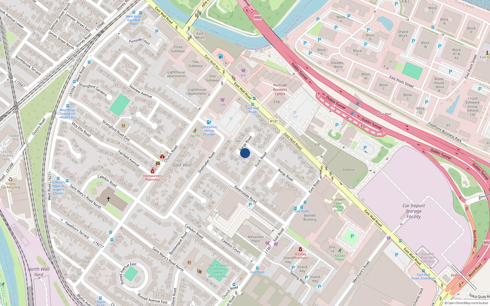 Overhead map showing the location of 30 Bargy Road Eastwall, Dublin 1, Dublin
