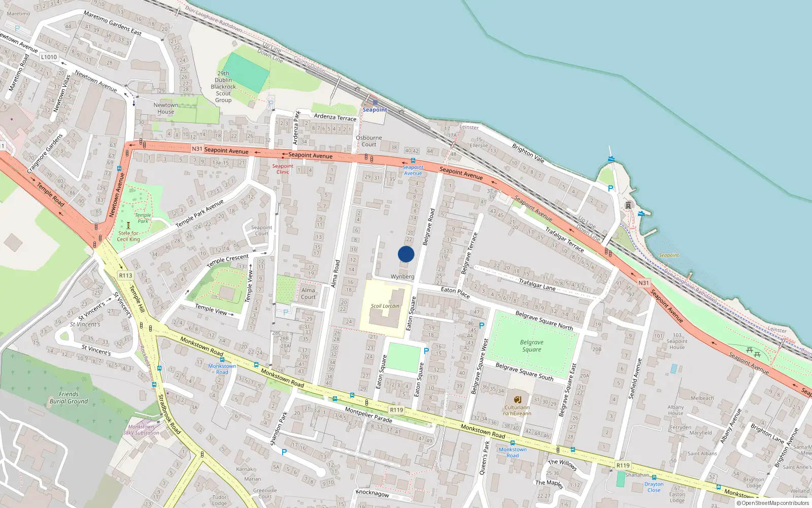 Overhead map showing the location of 30 Belgrave Road, Monkstown