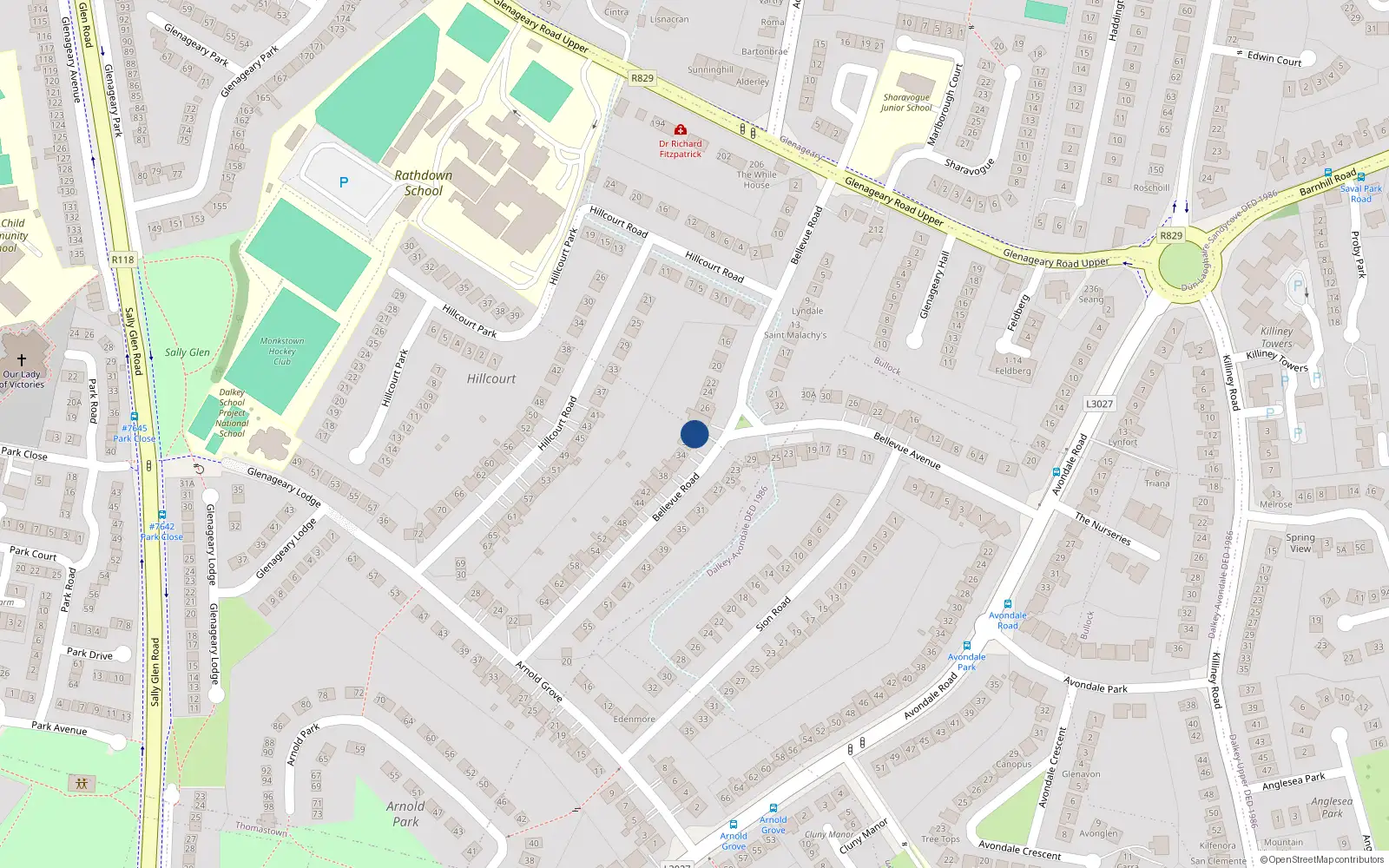 Overhead map showing the location of 30 Bellevue Road, Glenageary, Dublin