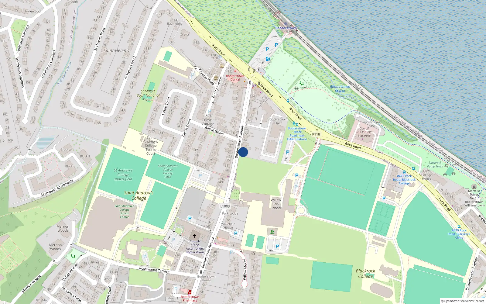 Overhead map showing the location of 30 Booterstown Avenue, Booterstown