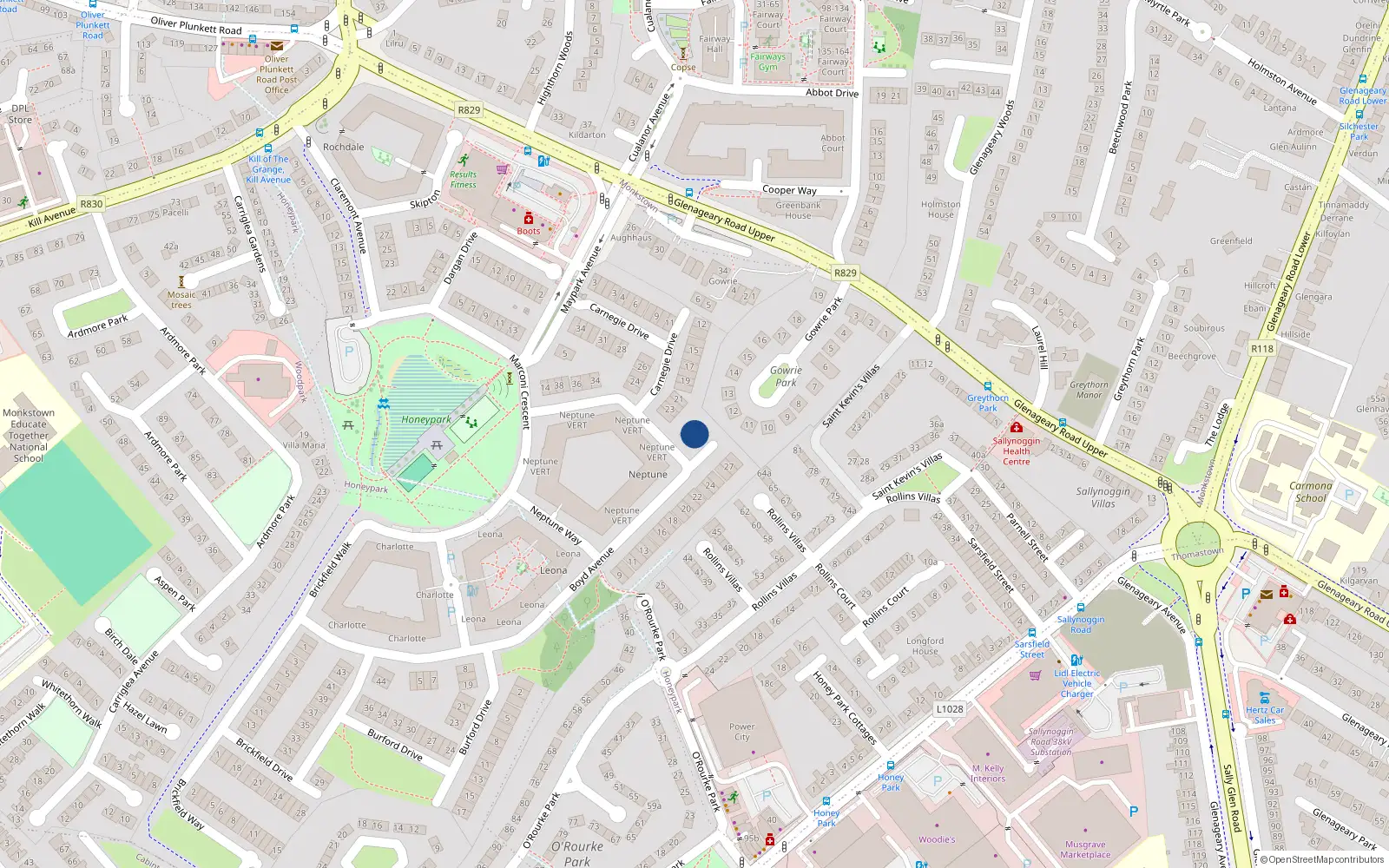 Overhead map showing the location of 30 Boyd Avenue, Dun Laoghaire