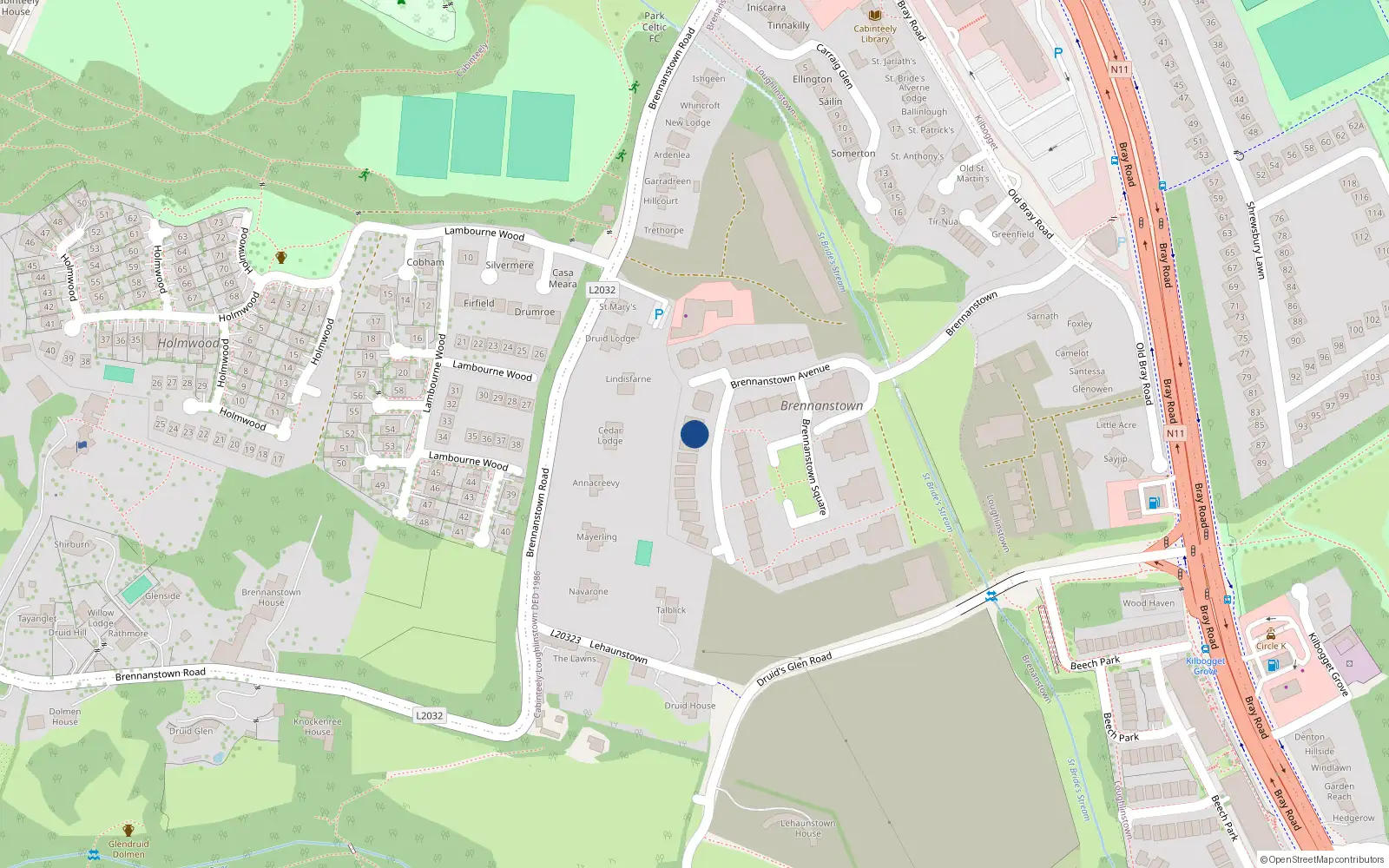Overhead map showing the location of 30 Brennanstown Avenue, Cabinteely