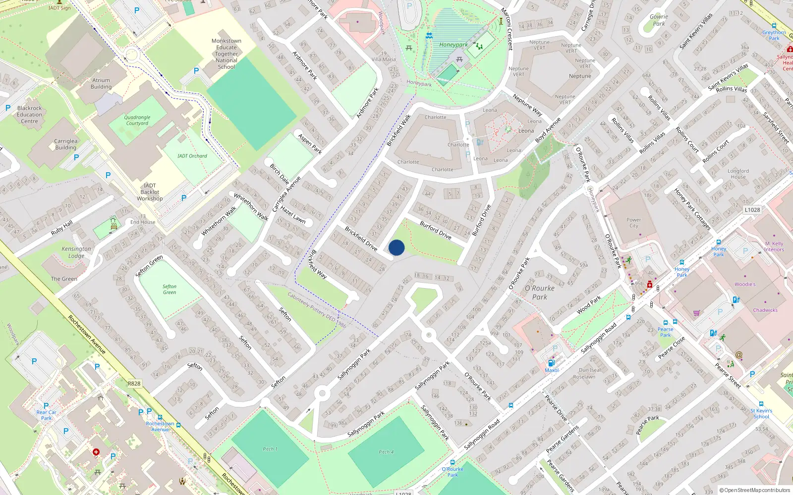 Overhead map showing the location of 30 Brickfield Drive, Dun Laoghaire