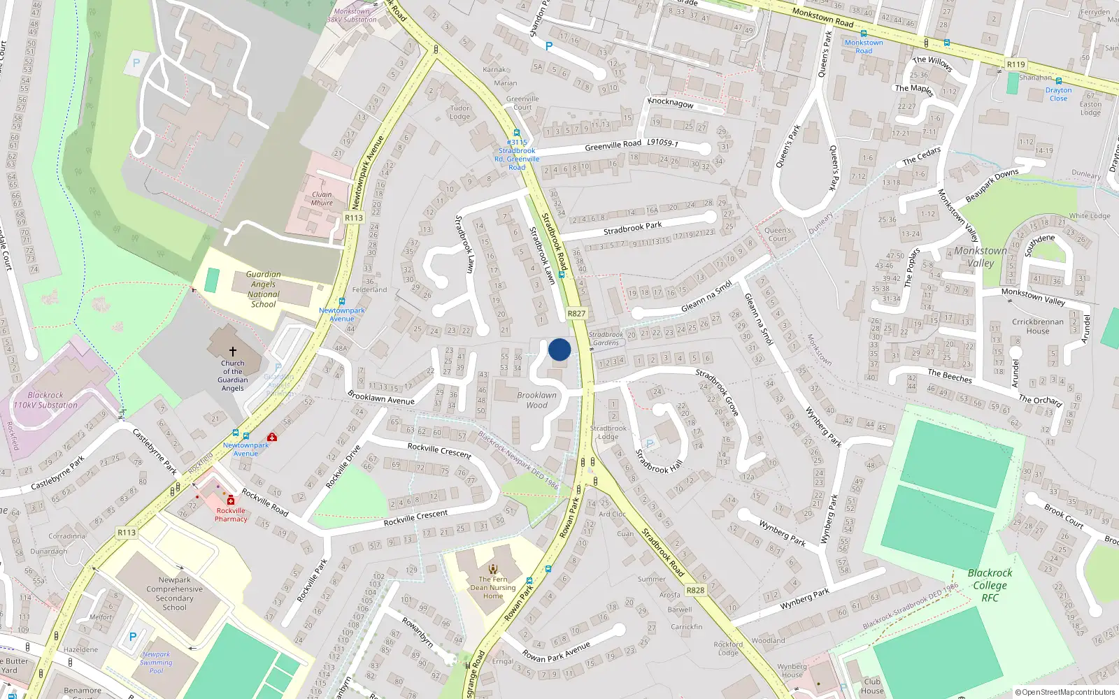 Overhead map showing the location of 30 Brooklawn Wood, Monkstown