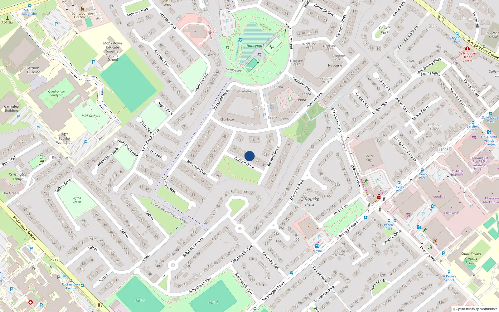 Overhead map showing the location of 30 Burford Drive, Dun Laoghaire