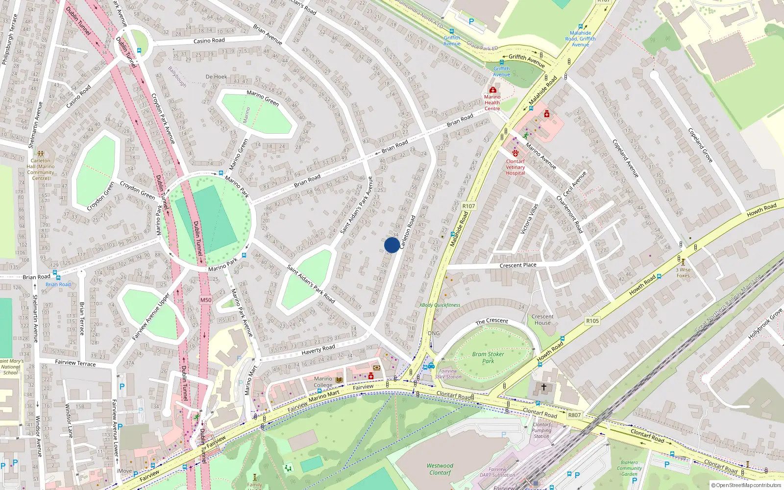 Overhead map showing the location of 30 Carlton Road, Marino