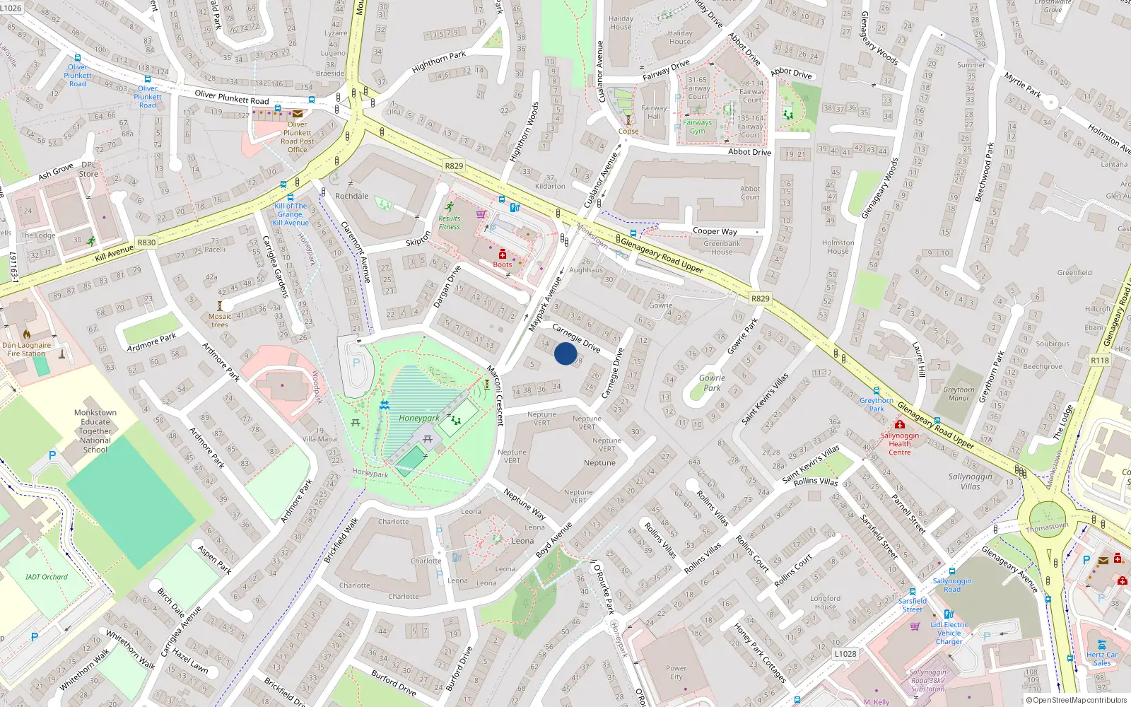 Overhead map showing the location of 30 Carnegie Drive, Dun Laoghaire