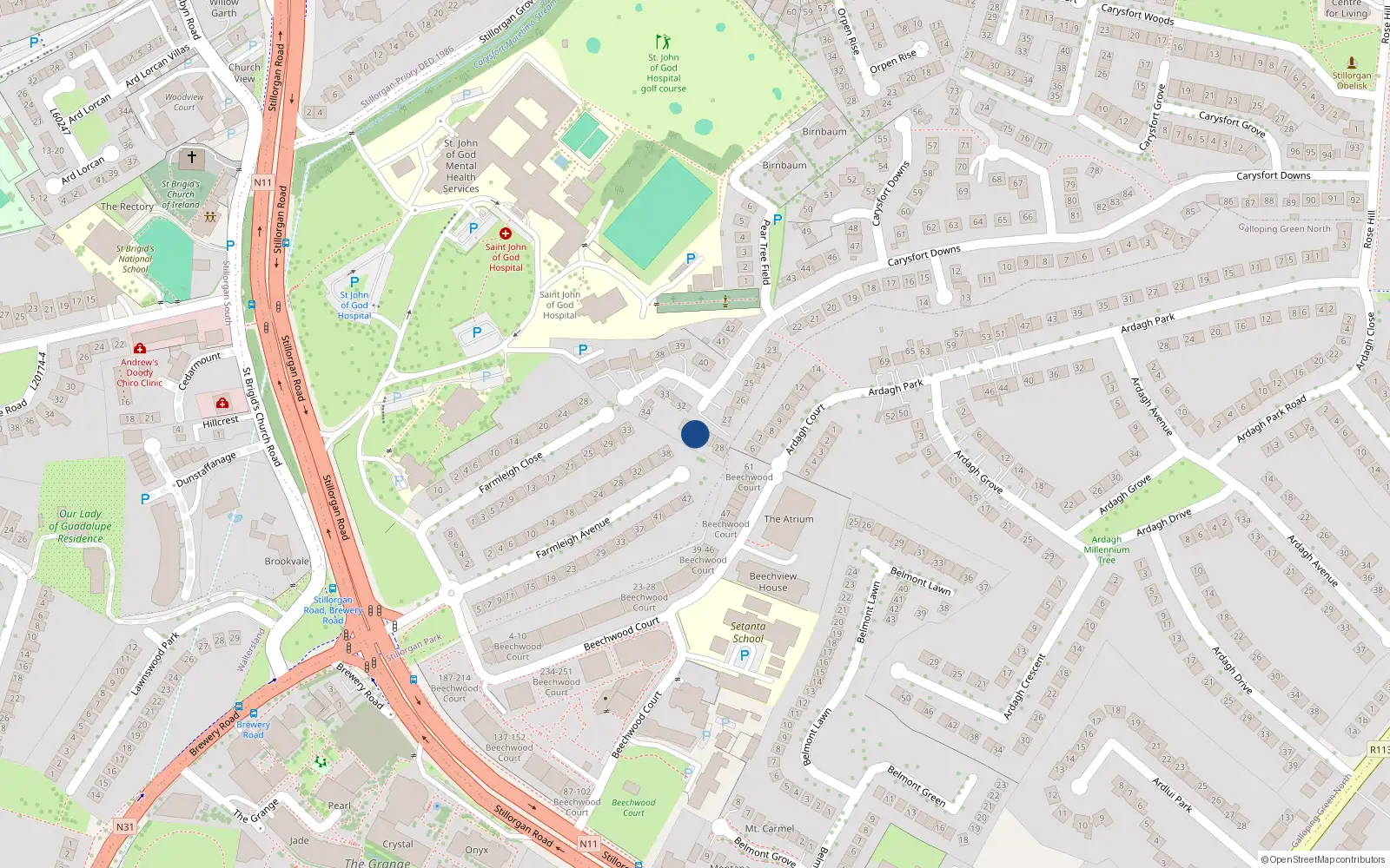 Overhead map showing the location of 30 Carysfort Downs, Blackrock, Dublin