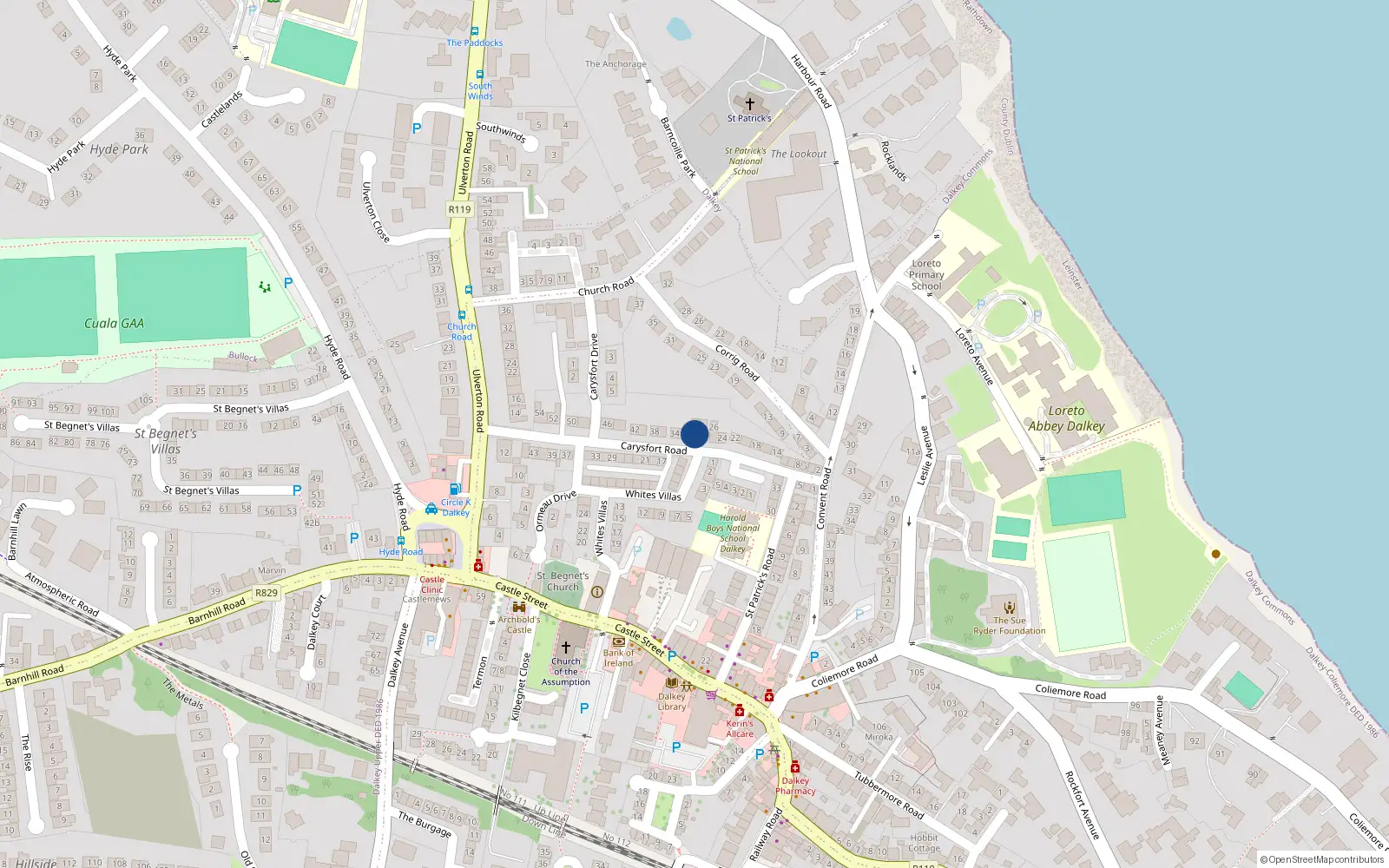Overhead map showing the location of 30 Carysfort Road, Dalkey