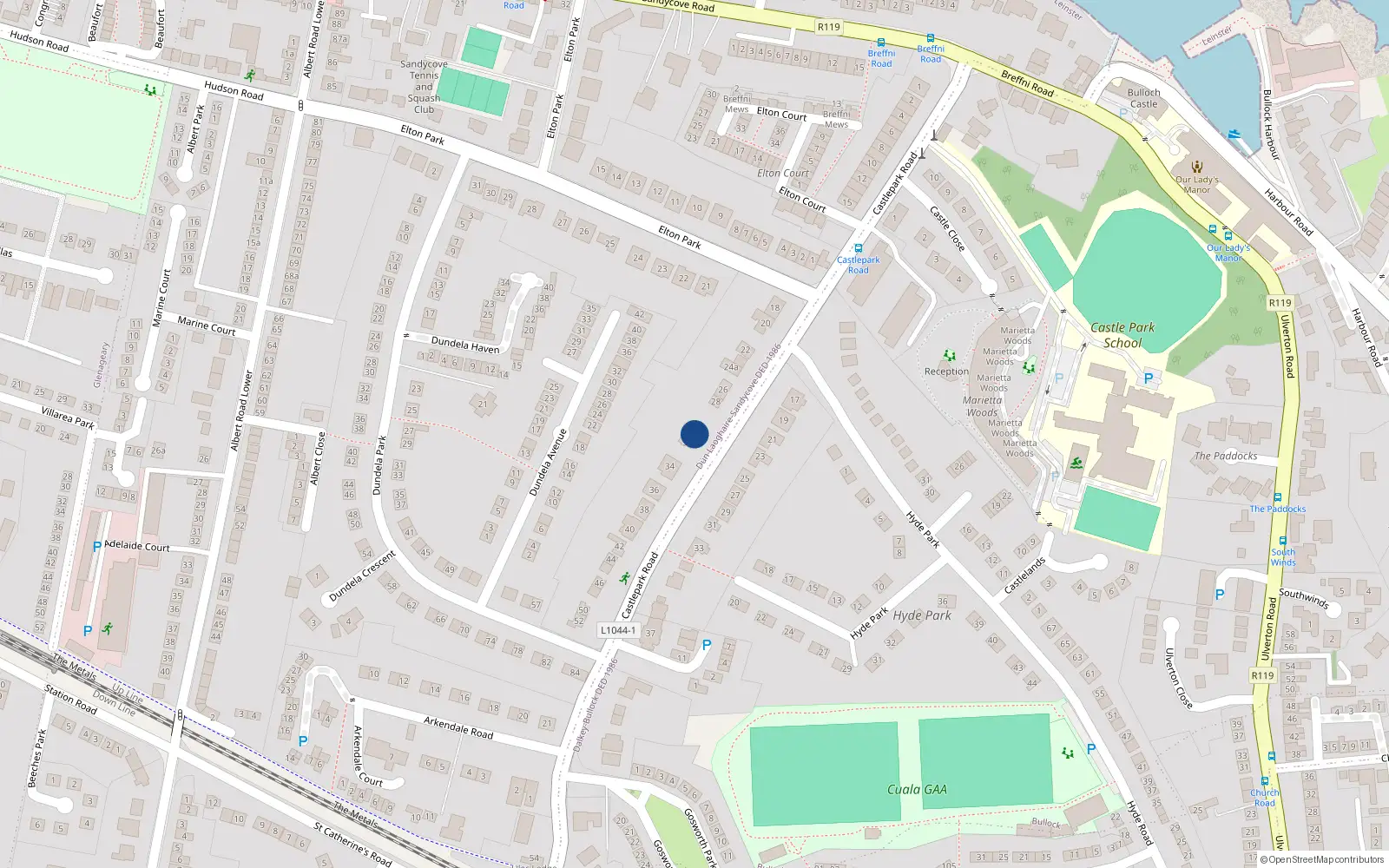 Overhead map showing the location of 30 Castle Park Road, Sandycove, Dublin