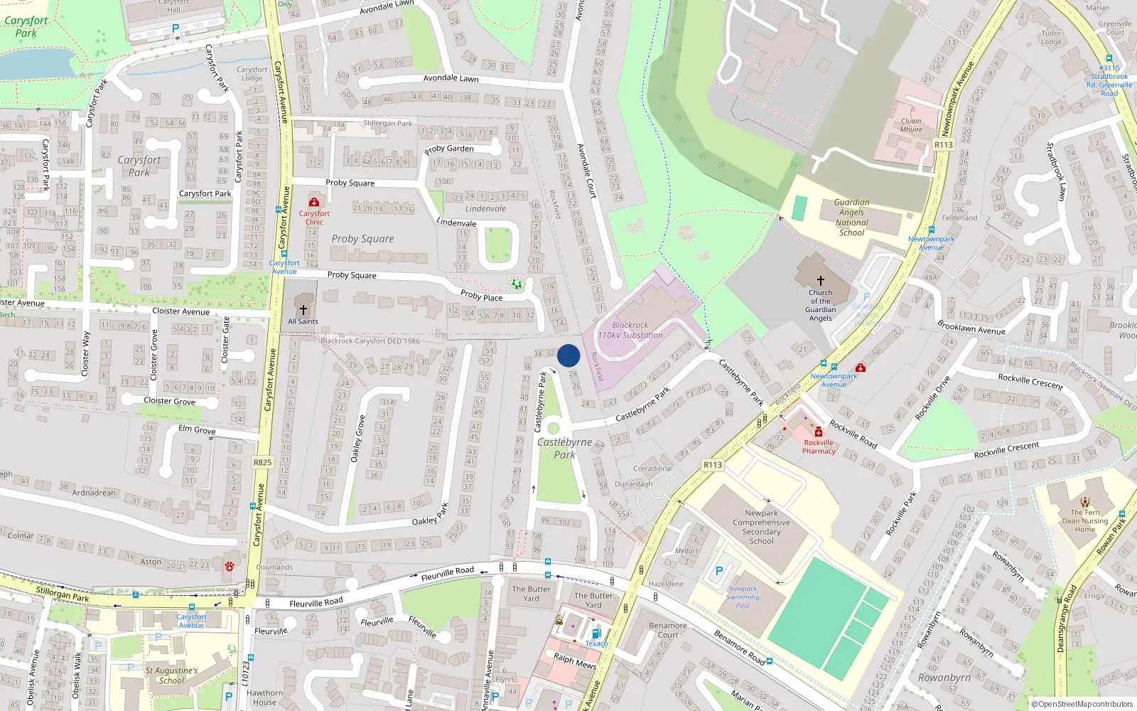 Overhead map showing the location of 30 Castlebyrne Park, Blackrock