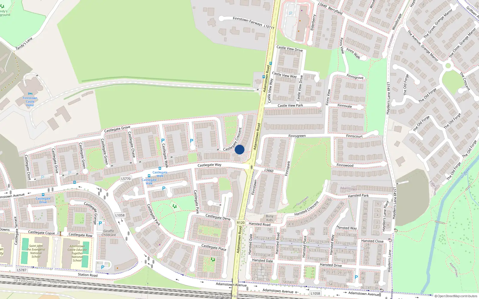 Overhead map showing the location of 30 Castlegate Crescent, Adamstown, Lucan