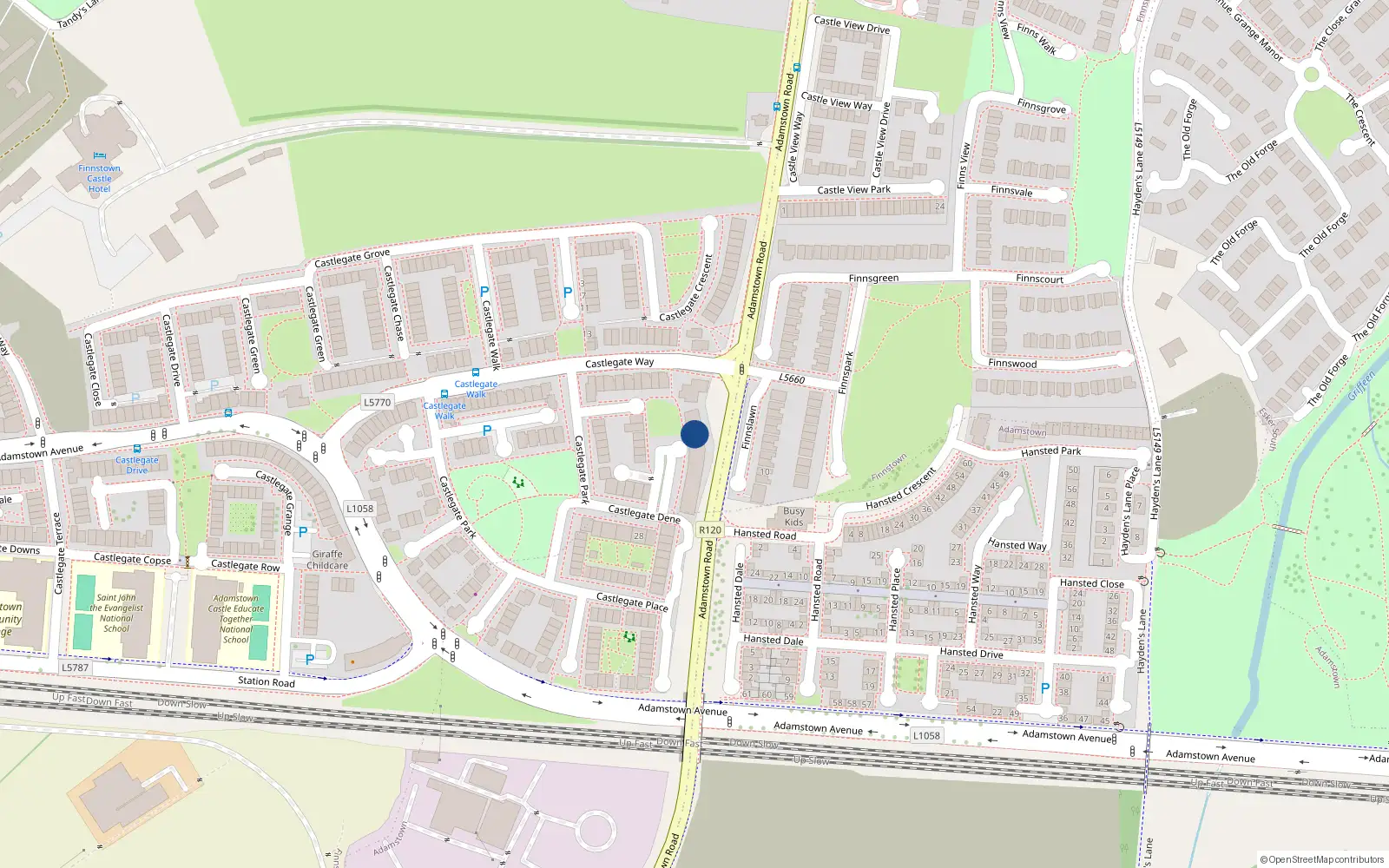 Overhead map showing the location of 30 Castlegate Square, Adamstown, Lucan