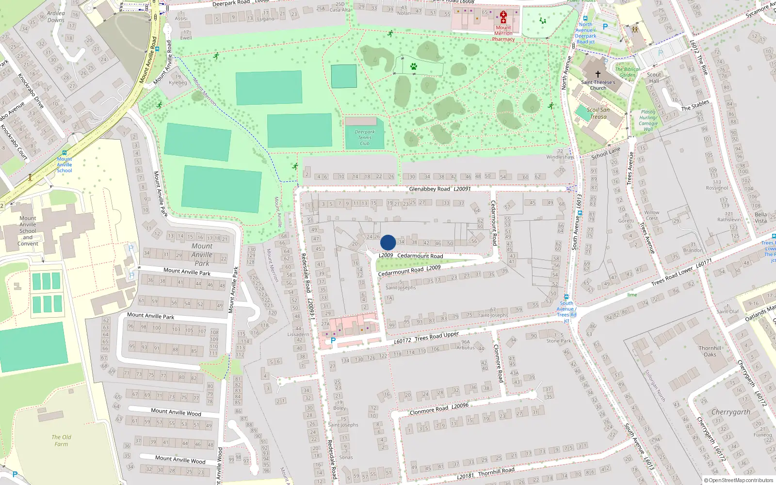 Overhead map showing the location of 30 Cedarmount Road, Mount Merrion, Dublin
