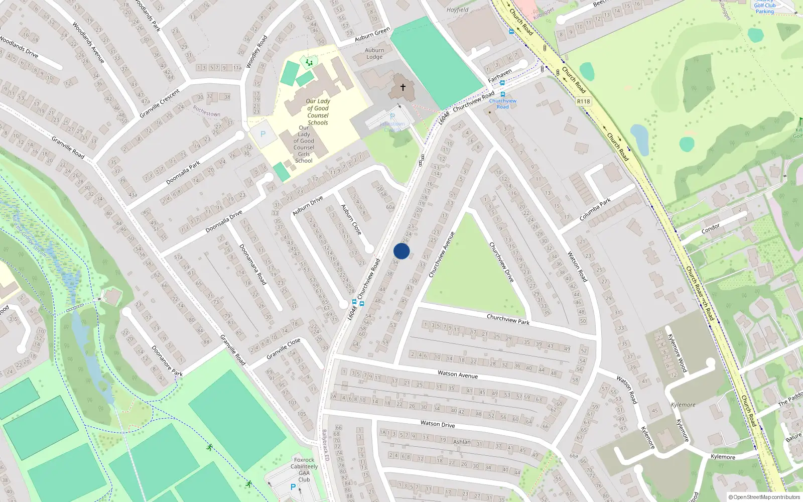 Overhead map showing the location of 30 Churchview Road, Co. Dublin