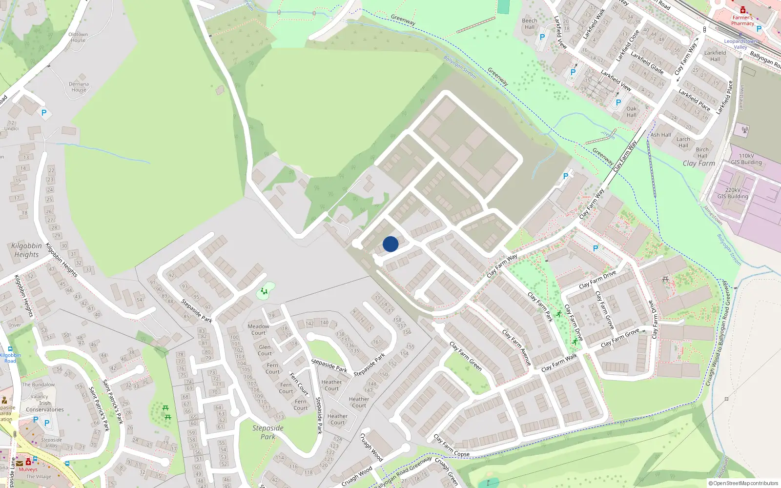 Overhead map showing the location of 30 Clay Farm Glade, Dublin 18