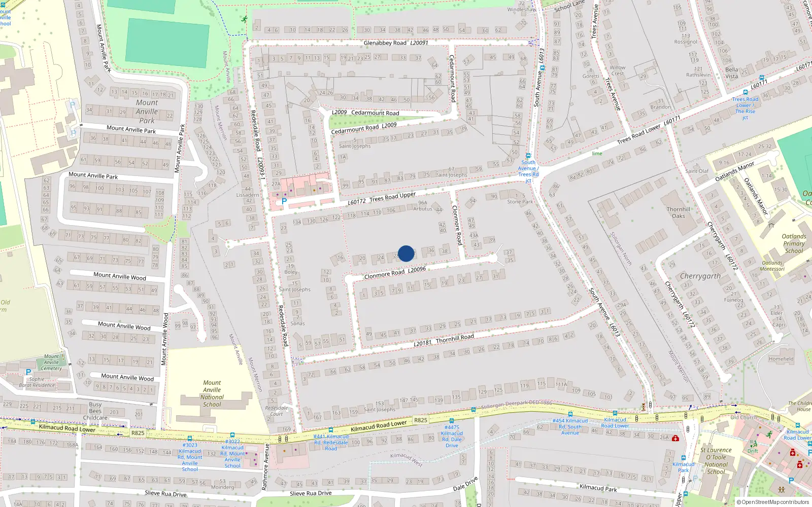 Overhead map showing the location of 30 Clonmore Road, Blackrock