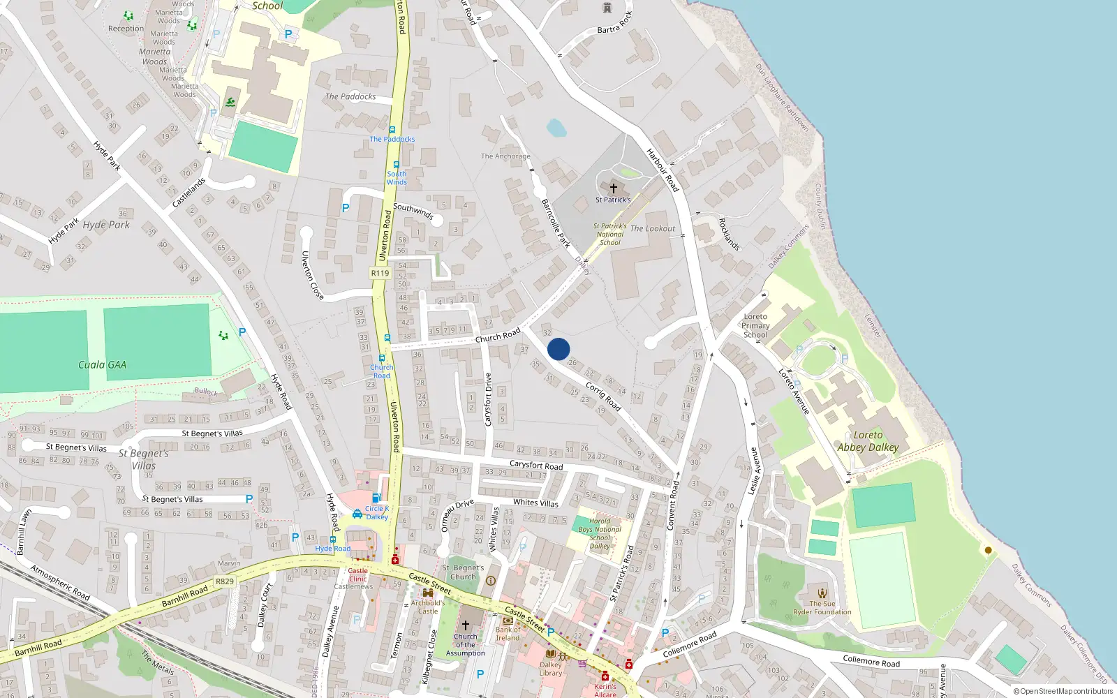 Overhead map showing the location of 30 Corrig Road, Dalkey, Co Dublin