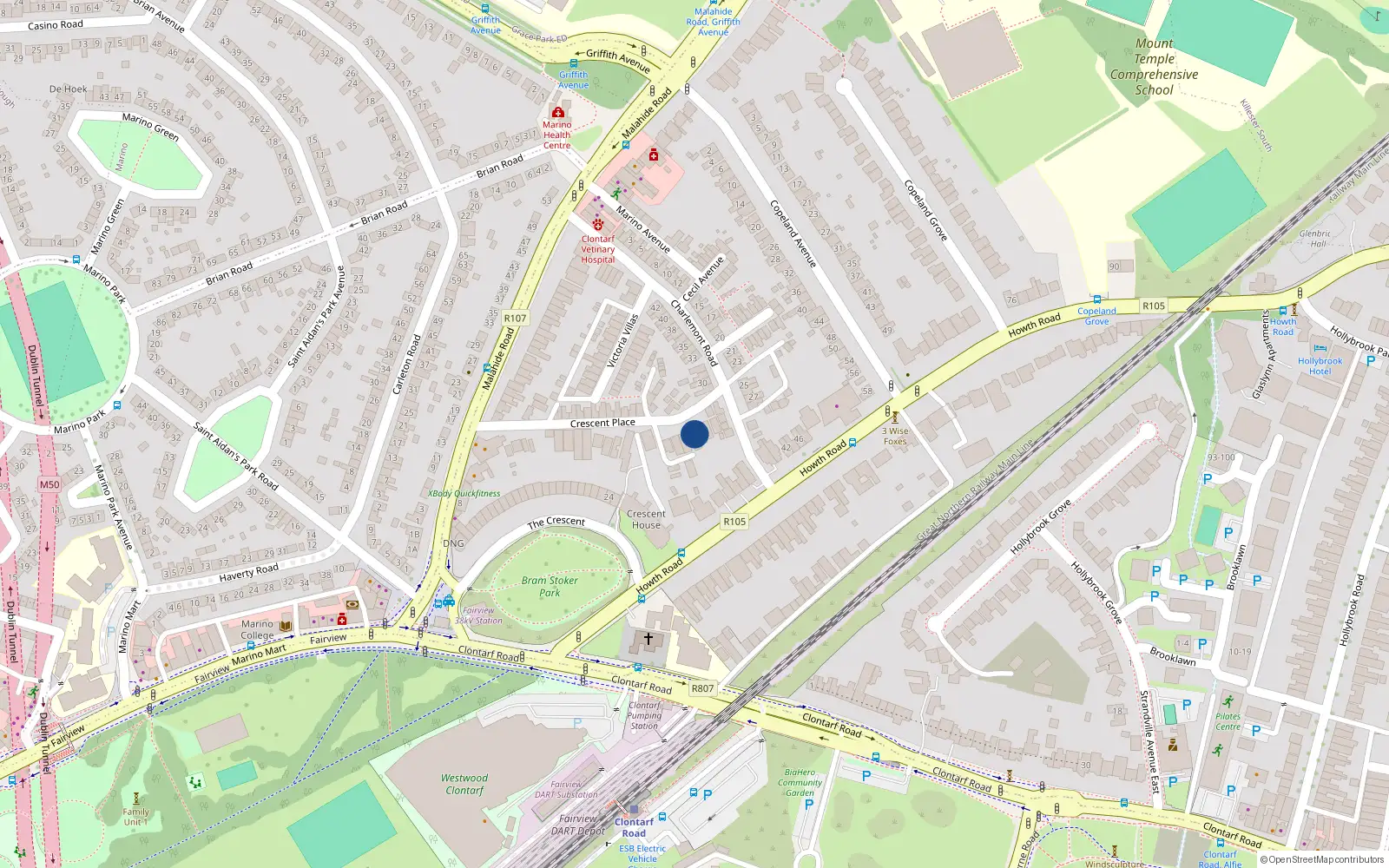 Overhead map showing the location of 30 Crescent Place, Dublin 3
