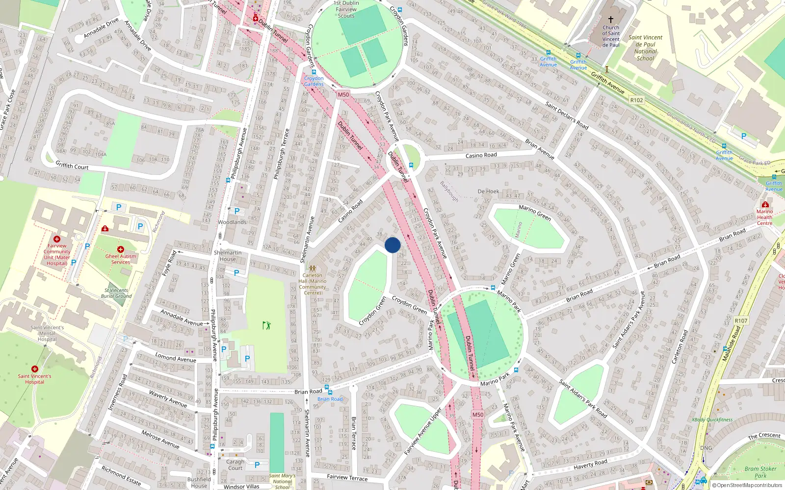 Overhead map showing the location of 30 Croydon Green, Marino, Dublin 3