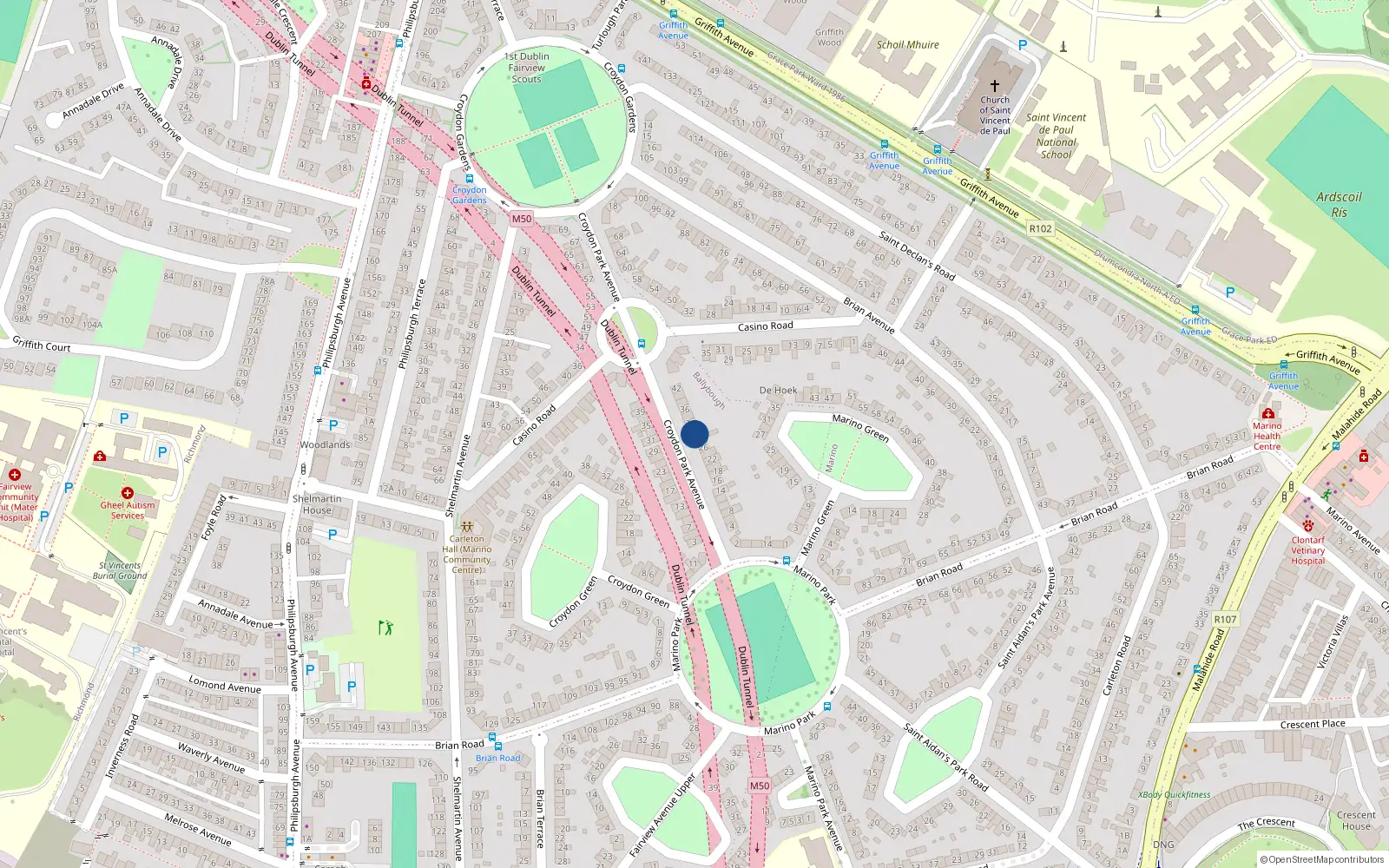 Overhead map showing the location of 30 Croydon Park Avenue, Marino, Dublin 3