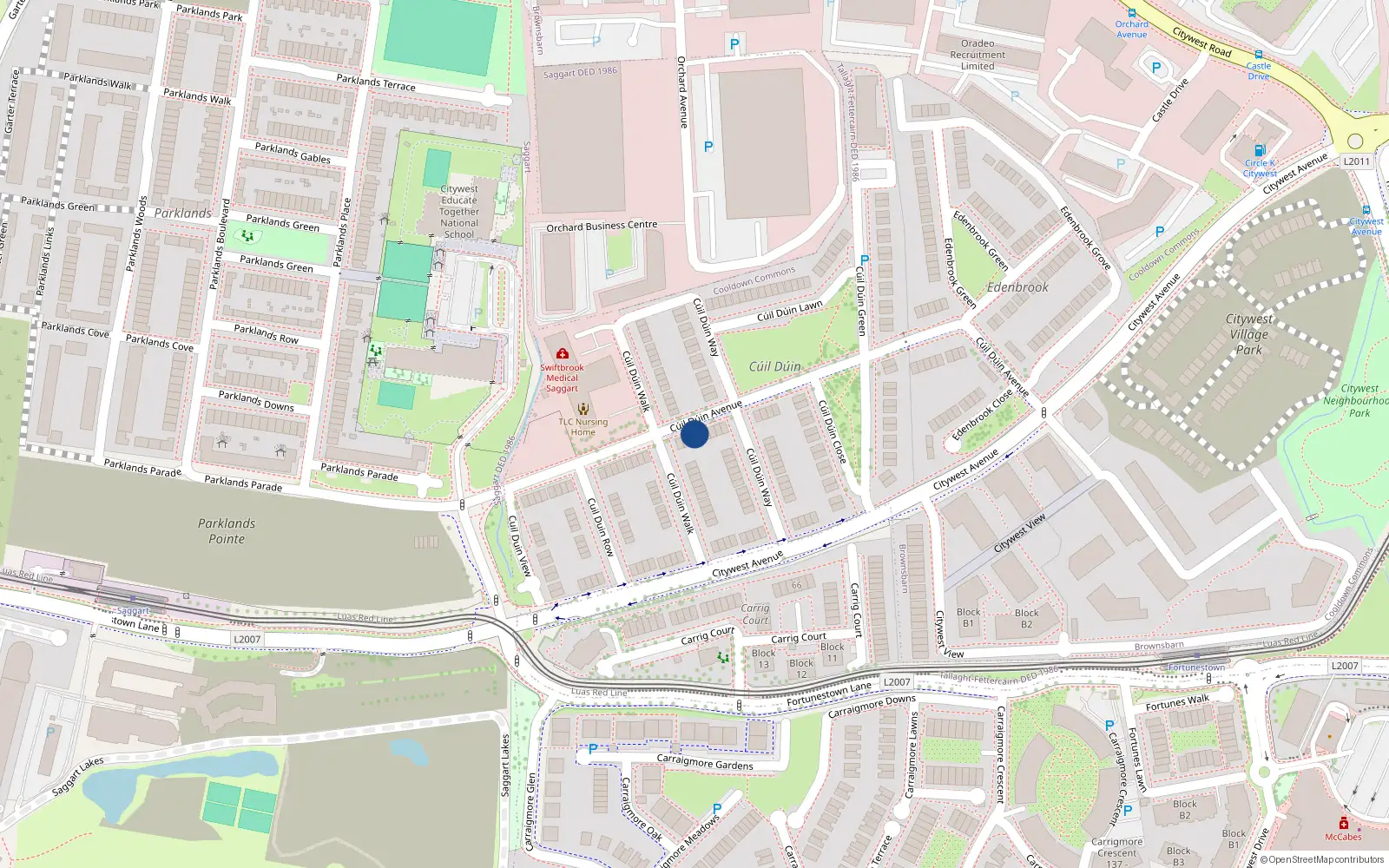 Overhead map showing the location of 30 Cúil Dúin Avenue, Fortunestown