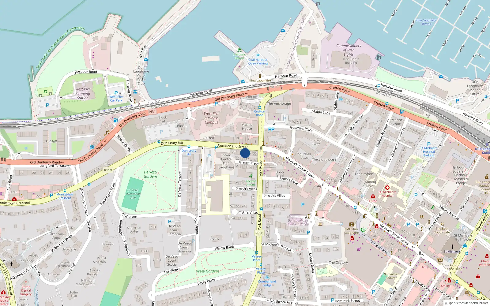 Overhead map showing the location of 30 Cumberland St, Dun Laoghaire, Dublin